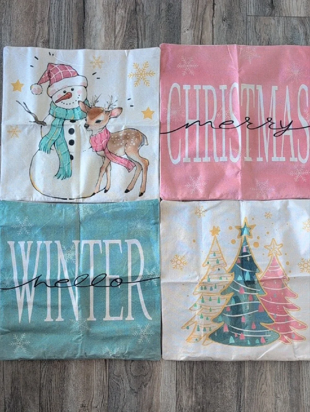 Holiday Decorative Pillow Cover Set  of 4 Pastel Christmas Designs Zip 17 X 17